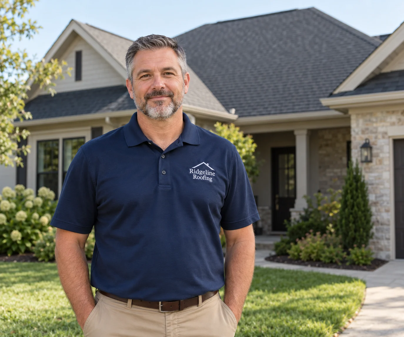 The owner of Ridgeline Roofing (example business) in front of a finished home